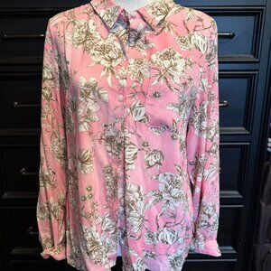 Tommy Hilfiger Button Up Blouse Top Floral Pink Brown Beige L EUC!